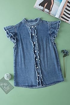 Chvity Summer Women's Button Down Denim Tops Ruffled Flutter